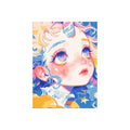 White-background original artwork of a blue-haired girl surrounded by colorful celestial details