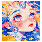 White-background finished diamond painting of a blue-haired girl portrait with starry details