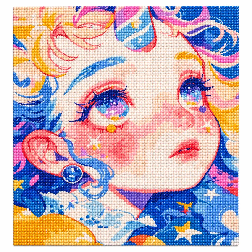 White-background finished diamond painting of a blue-haired girl portrait with starry details