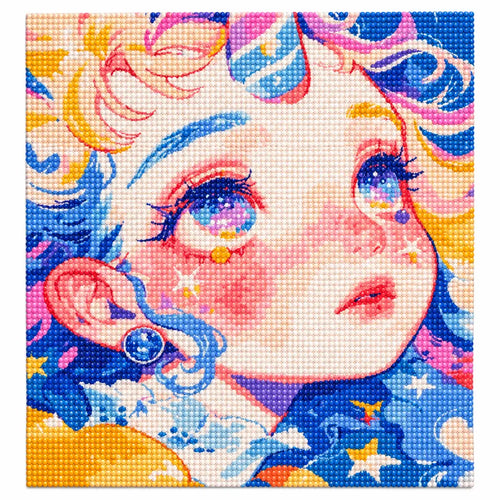White-background finished diamond painting of a blue-haired girl portrait with starry details