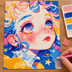 Diamond painting process showing a celestial girl portrait being completed with a stylus