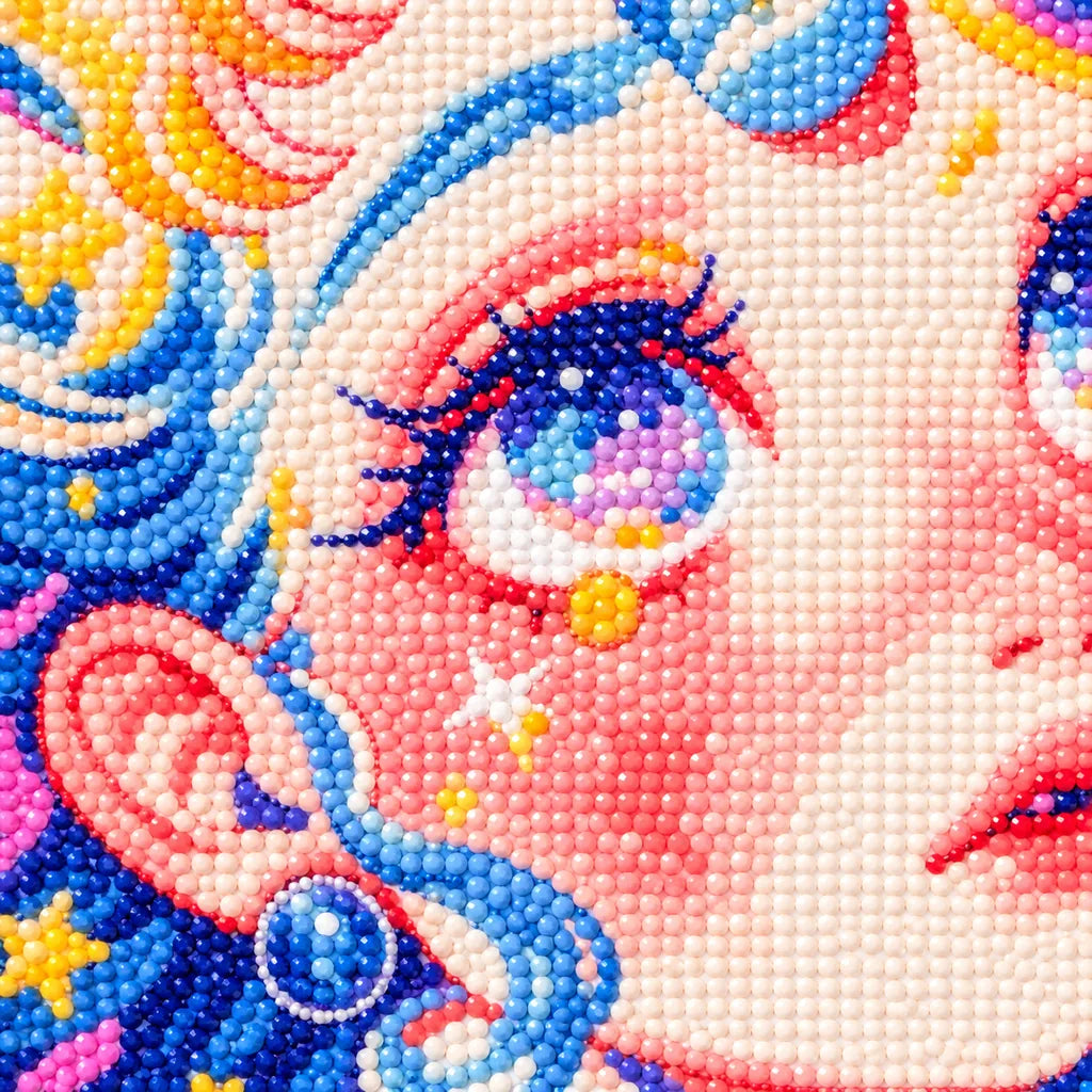 Close-up diamond drill detail of the girl's face and pastel celestial accents