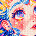 Close-up diamond drill detail of the girl's face and pastel celestial accents