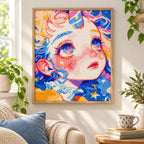 Framed celestial blue-haired girl diamond painting displayed as home decor