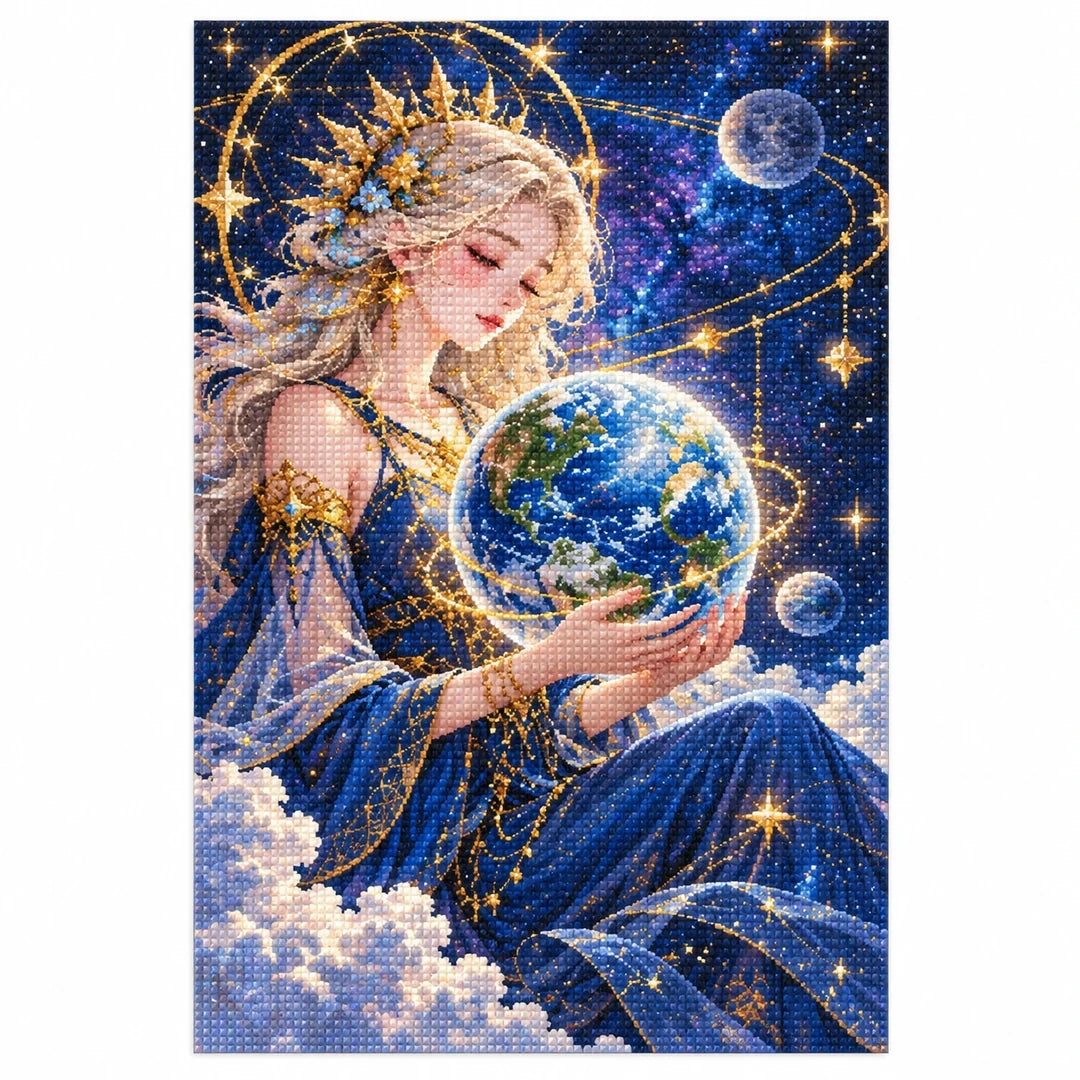 Celestial Goddess Earth Diamond Painting Kit finished diamond artwork on white background