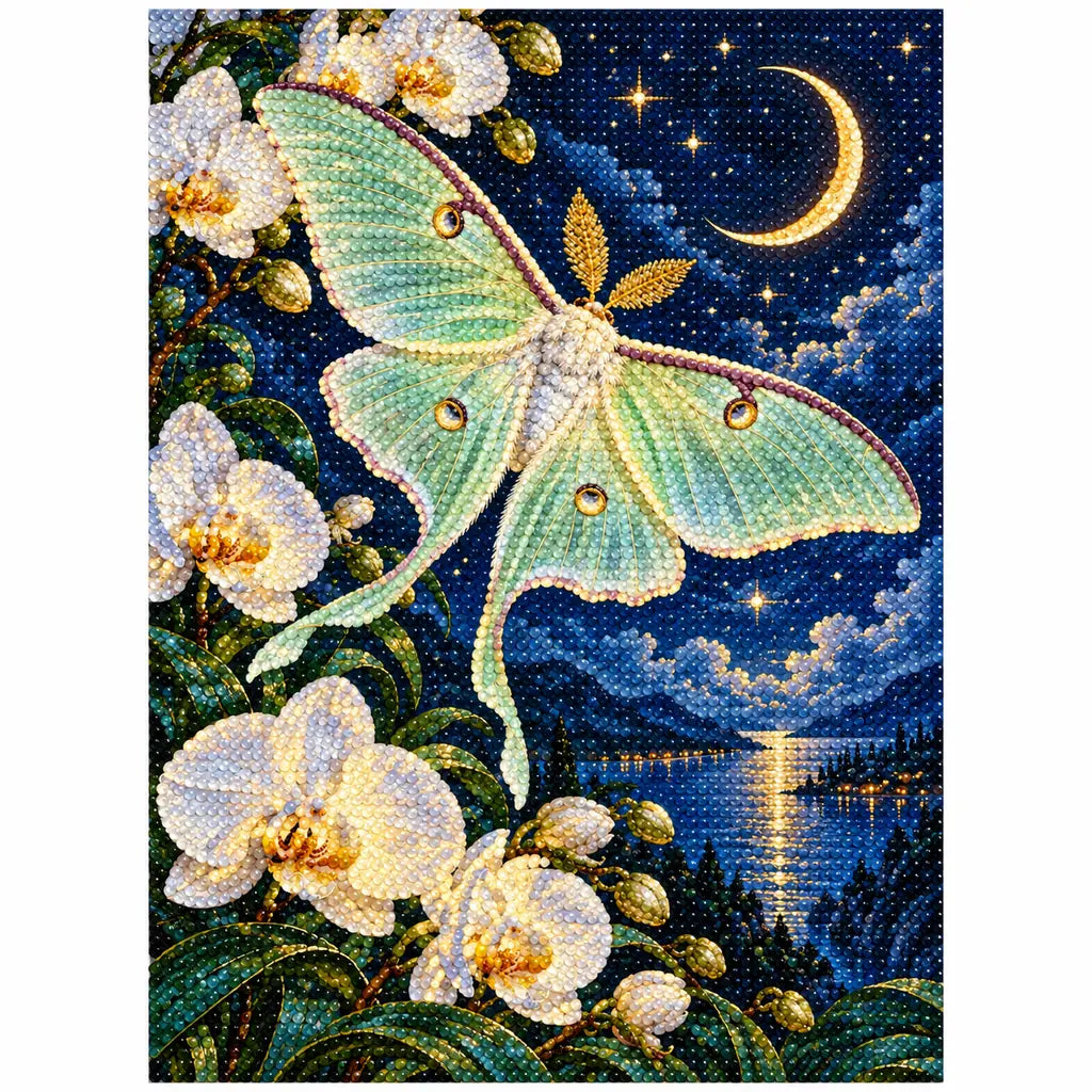 Finished diamond painting of a luna moth and white orchids on white
