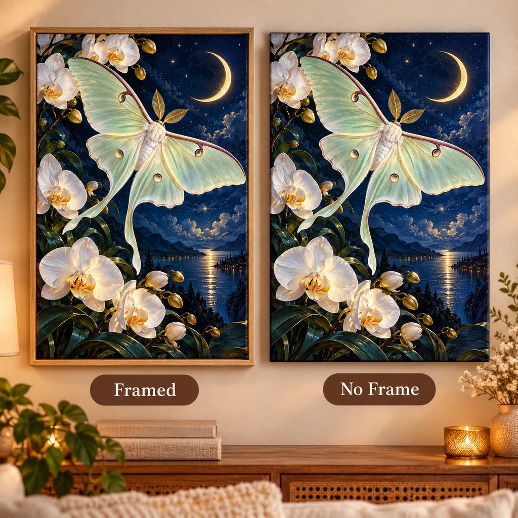 Framed and no-frame options for the luna moth and orchid design