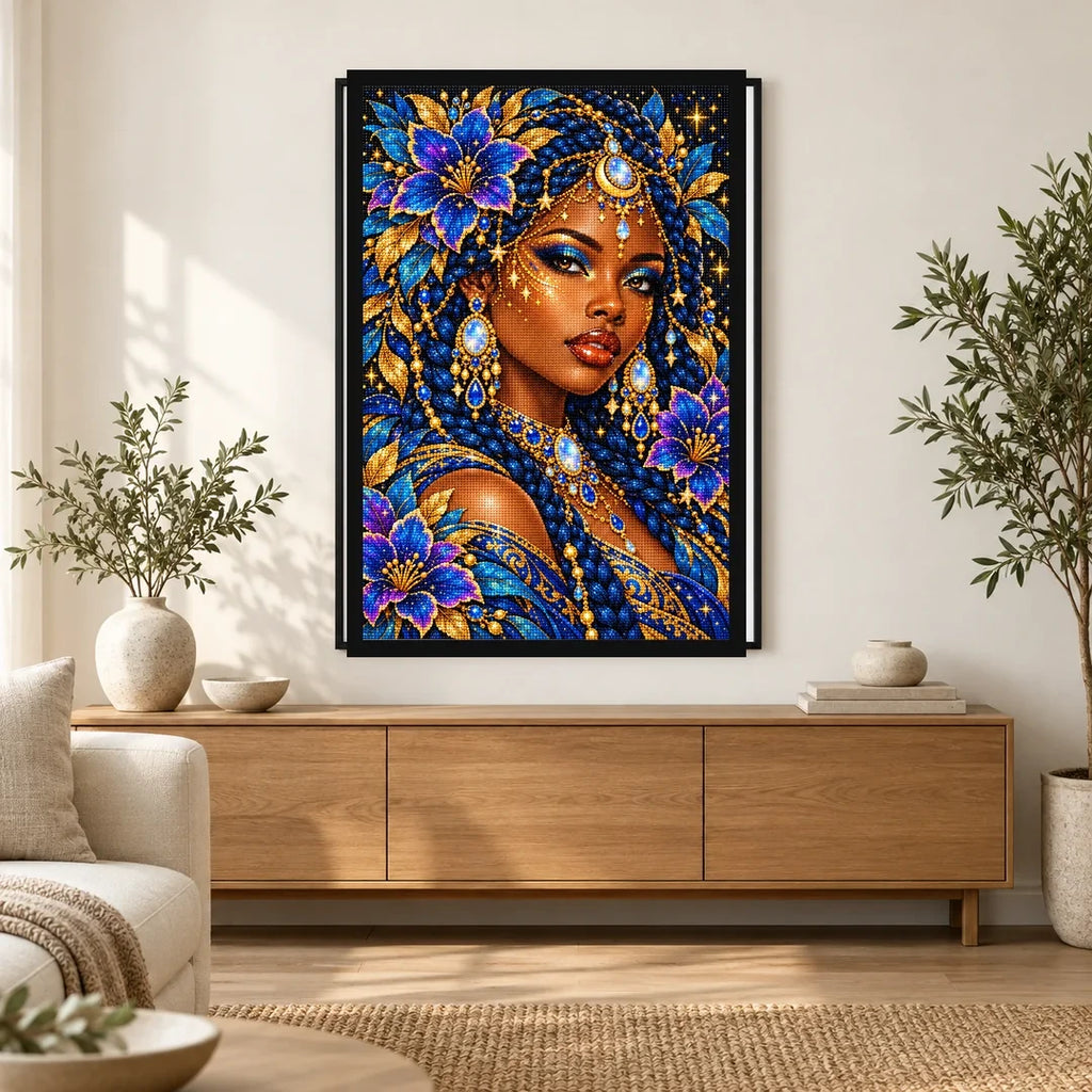 Celestial Starflower Goddess finished diamond painting in a home interior