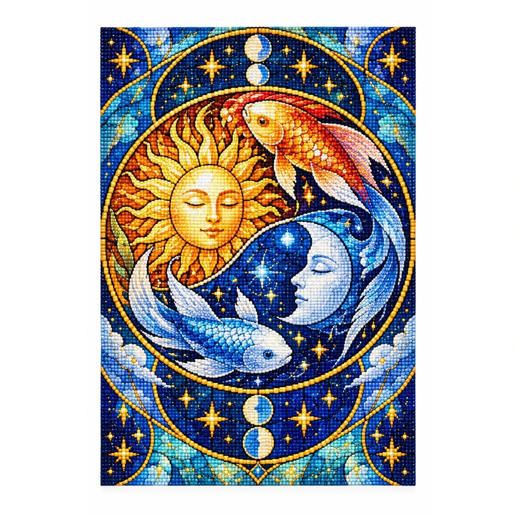 Celestial Sun Moon Koi Diamond Painting Kit — finished diamond painting on white background