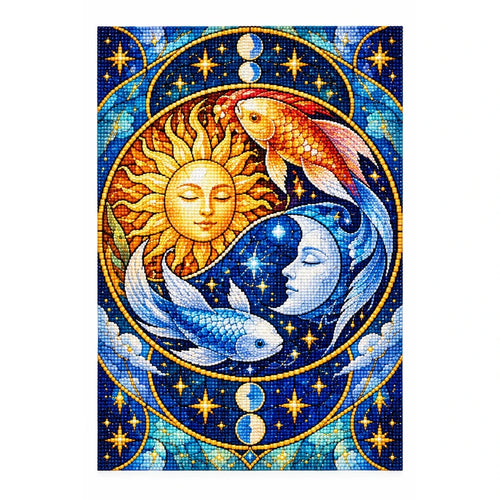 Celestial Sun Moon Koi Diamond Painting Kit — finished diamond painting on white background