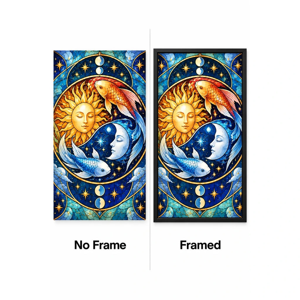 Celestial Sun Moon Koi Diamond Painting Kit — No Frame and Framed style comparison