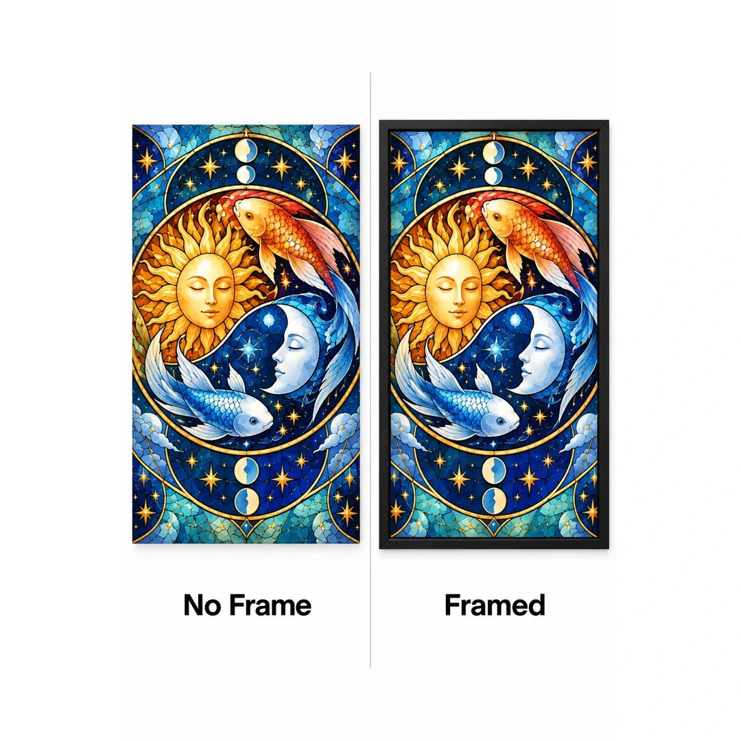 Celestial Sun Moon Koi Diamond Painting Kit — No Frame and Framed style comparison