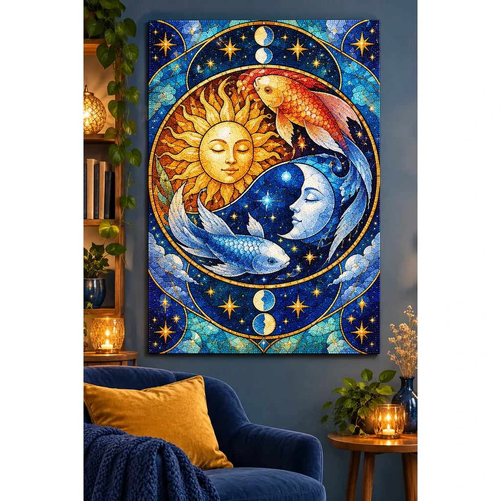Celestial Sun Moon Koi Diamond Painting Kit — finished diamond painting in a home setting
