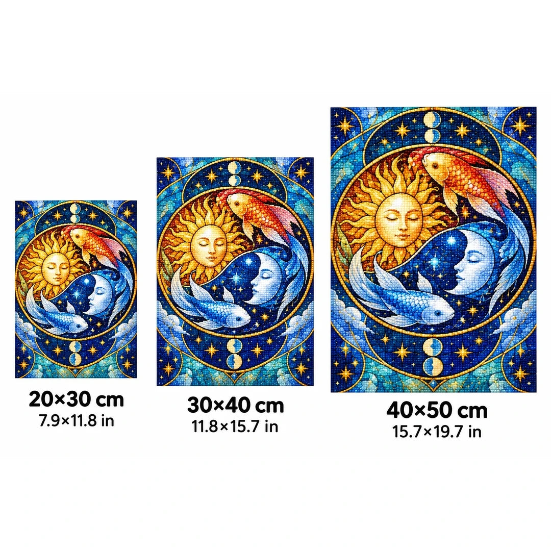 Celestial Sun Moon Koi Diamond Painting Kit — 20 by 30, 30 by 40, and 40 by 50 centimeter size guide