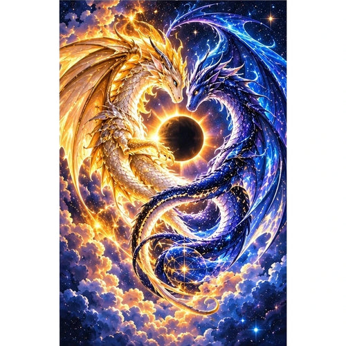 Celestial Twin Dragons Solar Eclipse — original artwork on a clean white background