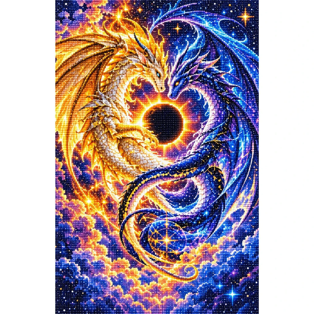 Celestial Twin Dragons Solar Eclipse — finished diamond painting on a white background