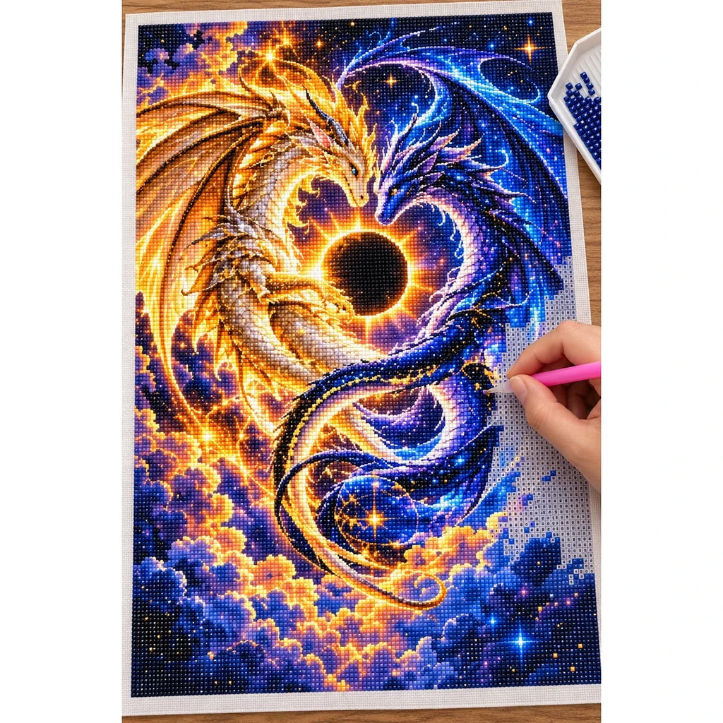 Celestial Twin Dragons Solar Eclipse — diamond painting process with applicator pen