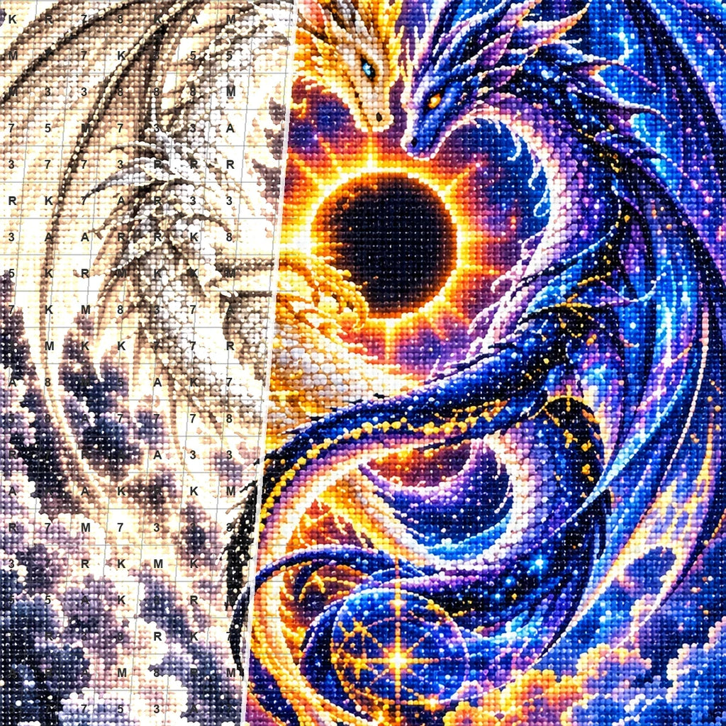 Celestial Twin Dragons Solar Eclipse — close-up canvas and resin drill detail