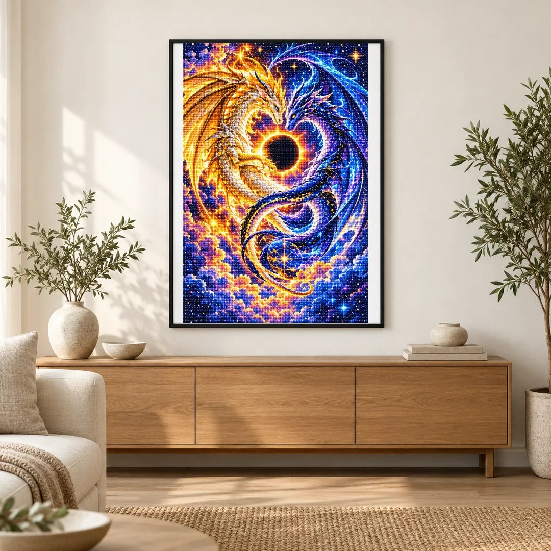 Celestial Twin Dragons Solar Eclipse — finished diamond painting displayed in a home interior