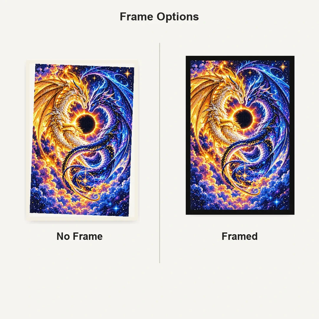 Celestial Twin Dragons Solar Eclipse — No Frame and Framed style comparison