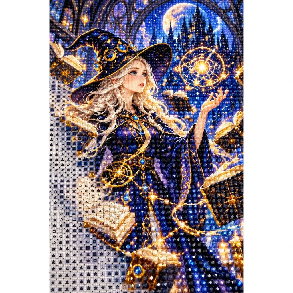 Celestial Witch Starry Library Diamond Painting Kit diamond and canvas detail