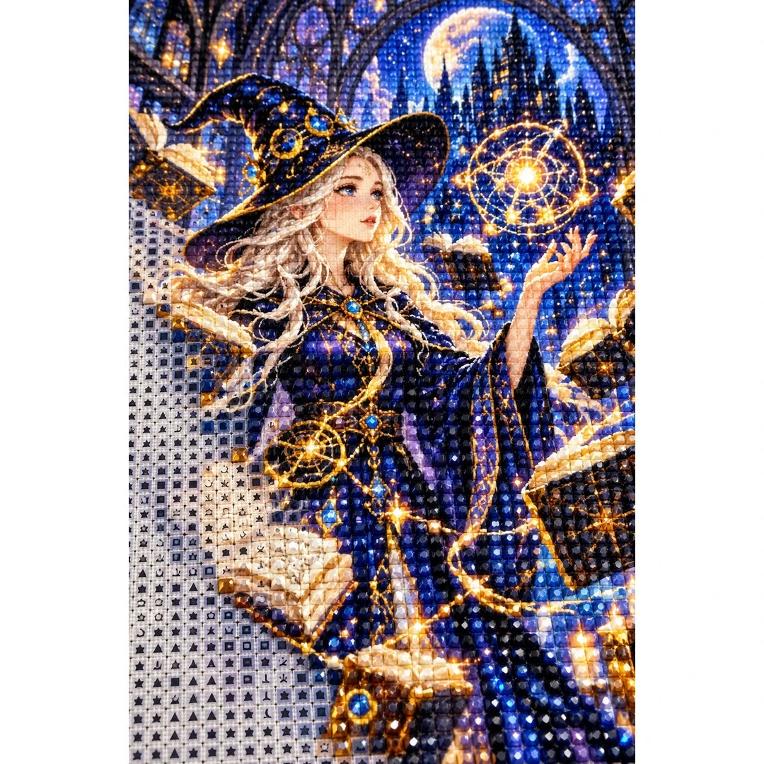 Celestial Witch Starry Library Diamond Painting Kit diamond and canvas detail