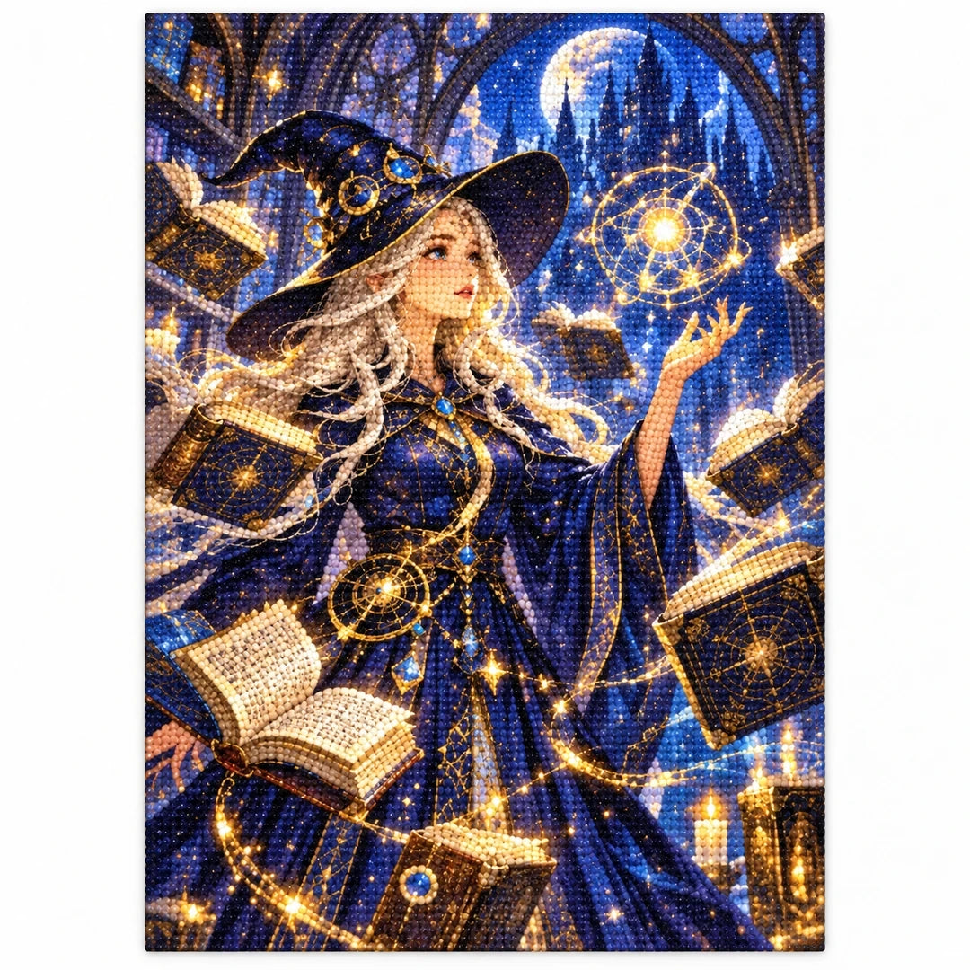 Celestial Witch Starry Library Diamond Painting Kit finished diamond artwork on white background