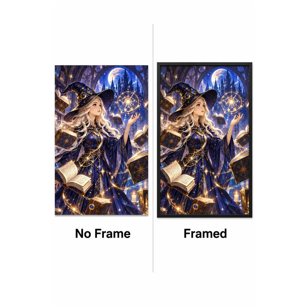 Celestial Witch Starry Library Diamond Painting Kit No Frame and Framed comparison