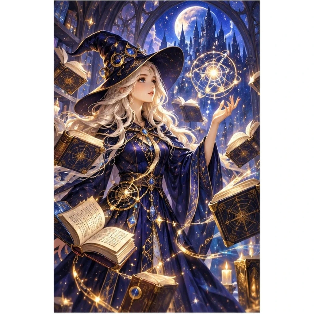 Celestial Witch Starry Library Diamond Painting Kit original artwork on white background