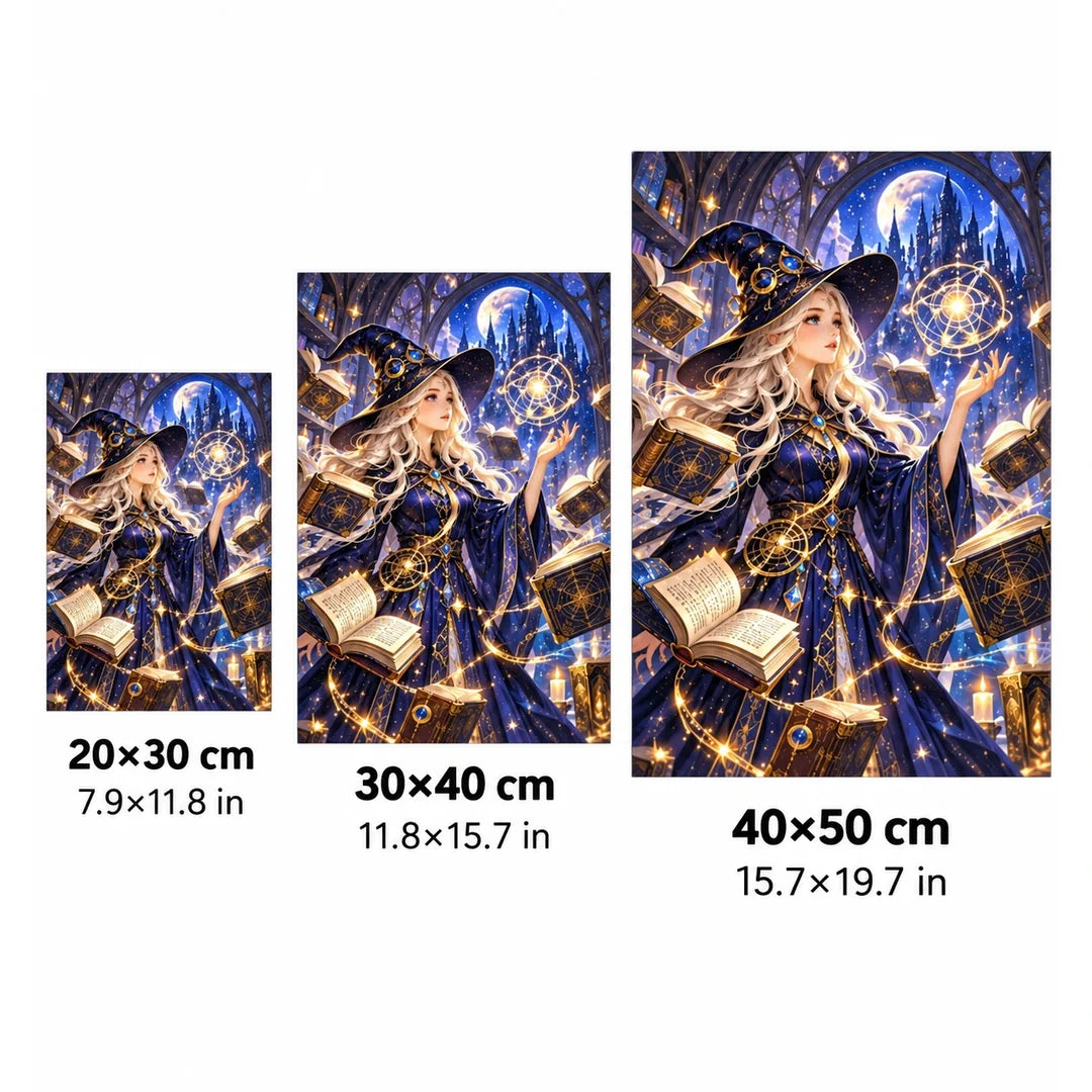 Celestial Witch Starry Library Diamond Painting Kit size guide