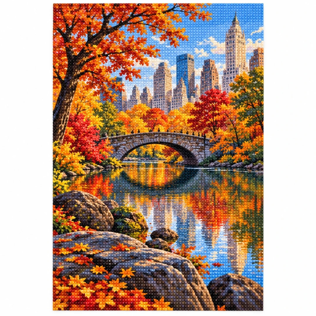 Central Park Autumn Bridge finished diamond artwork on white background