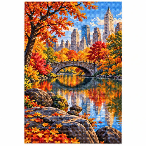 Central Park Autumn Bridge finished diamond artwork on white background