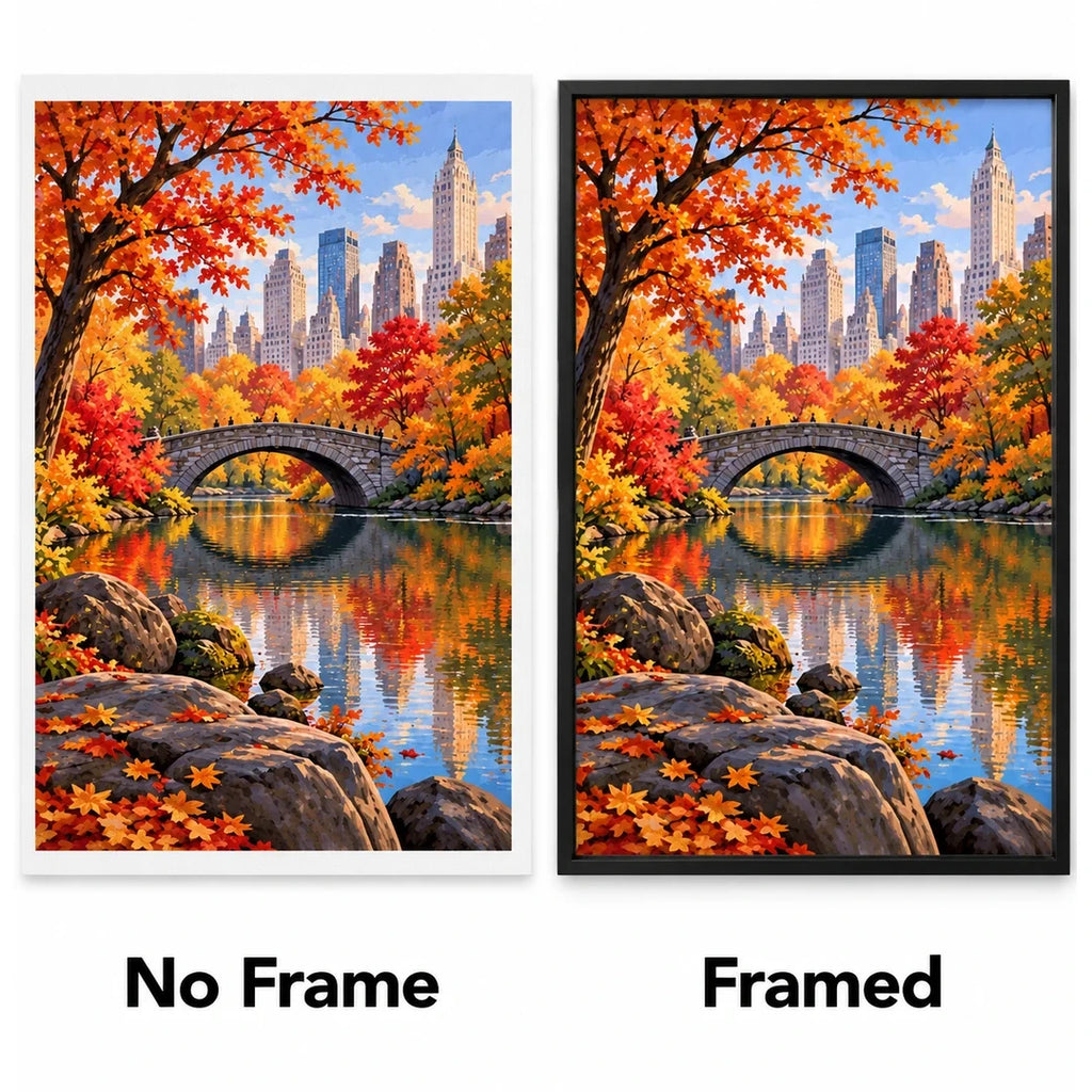 Central Park Autumn Bridge No Frame and Framed comparison