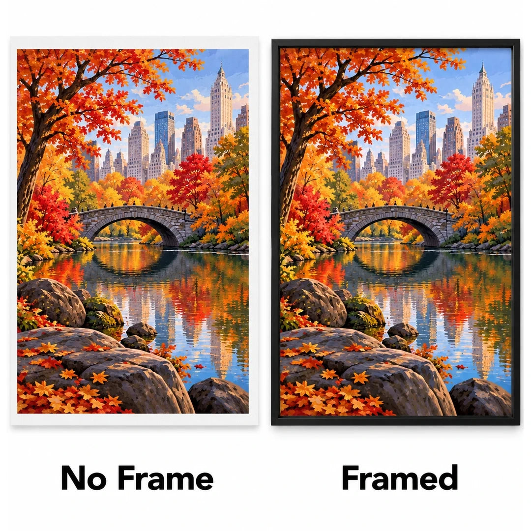 Central Park Autumn Bridge No Frame and Framed comparison