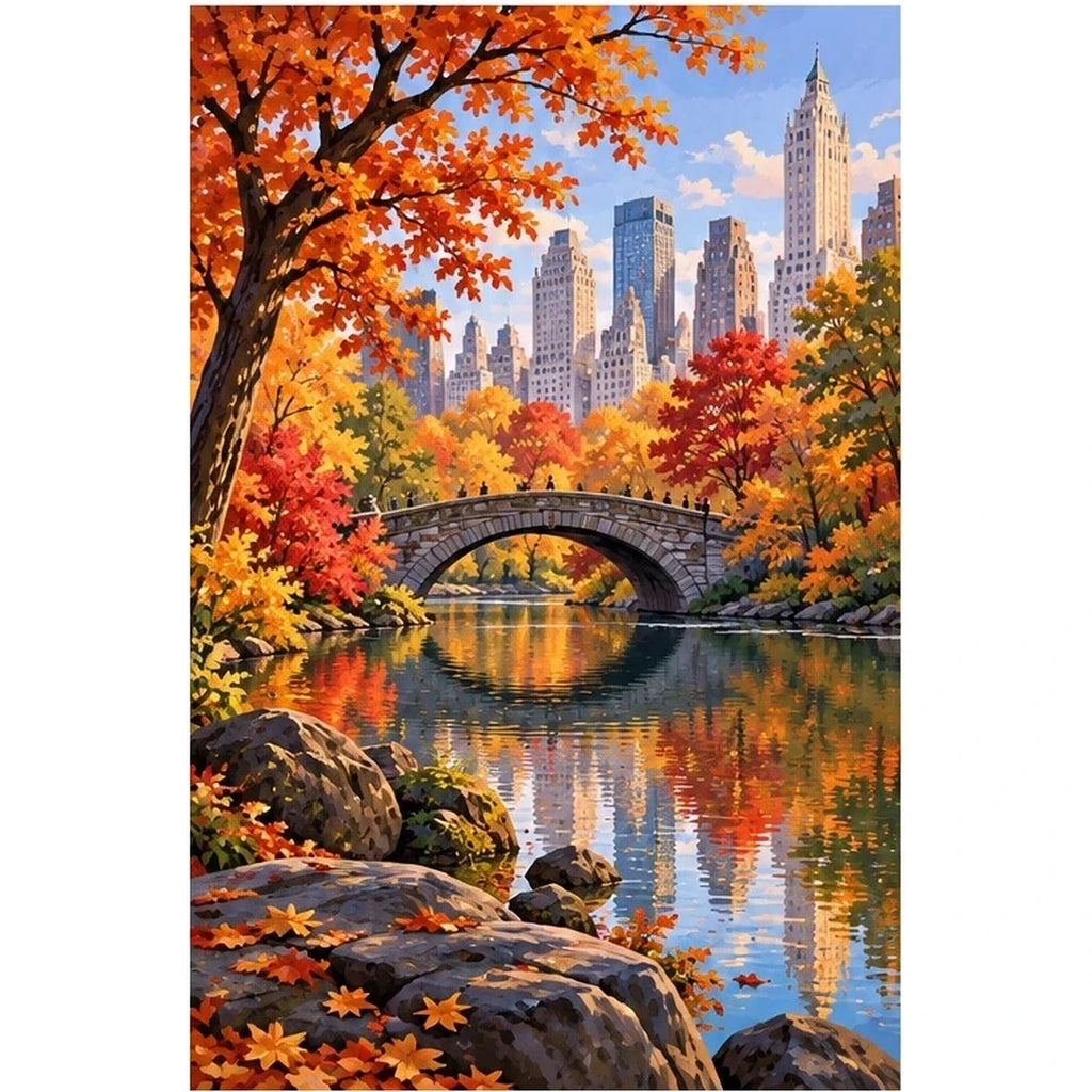 Central Park Autumn Bridge original artwork on white background