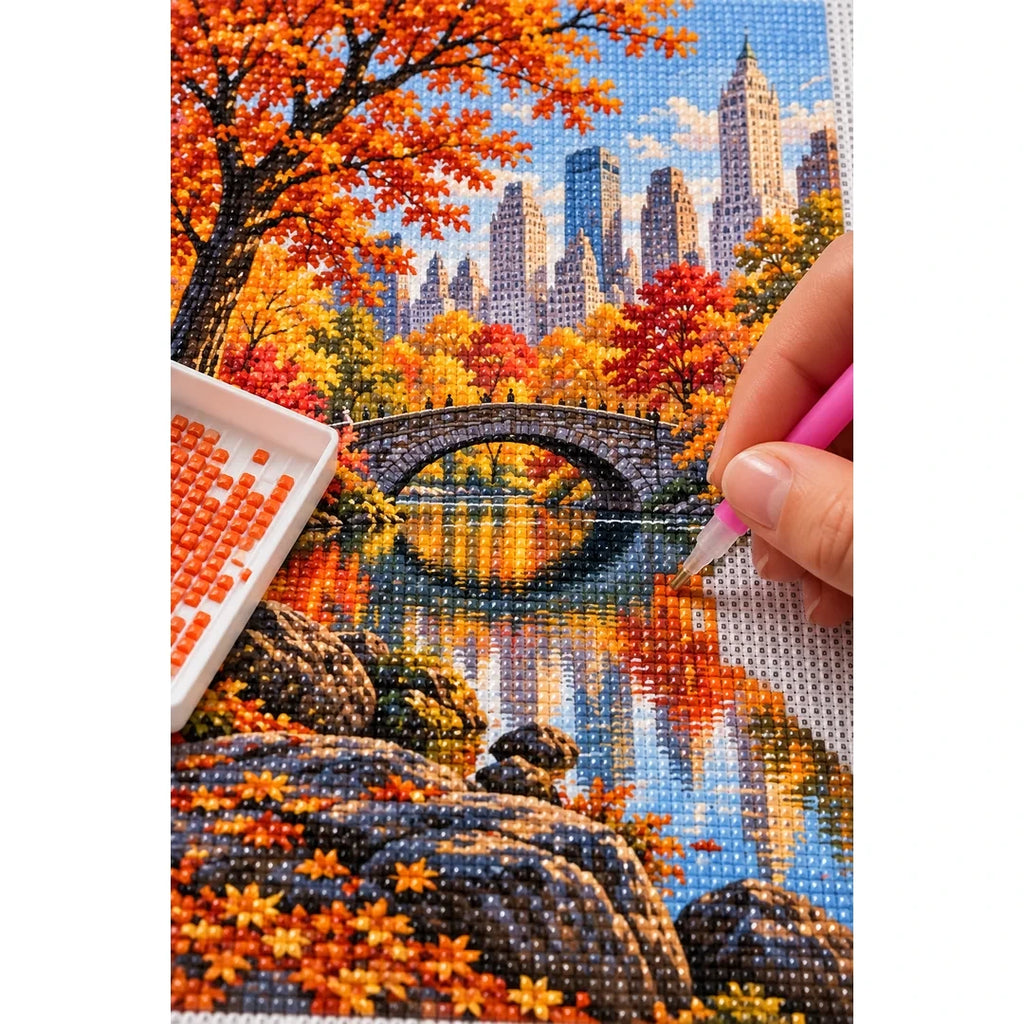 Central Park Autumn Bridge diamond placement process