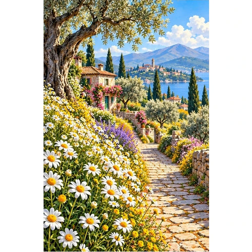 Chamomile Field Country Lane — original artwork on a clean white background