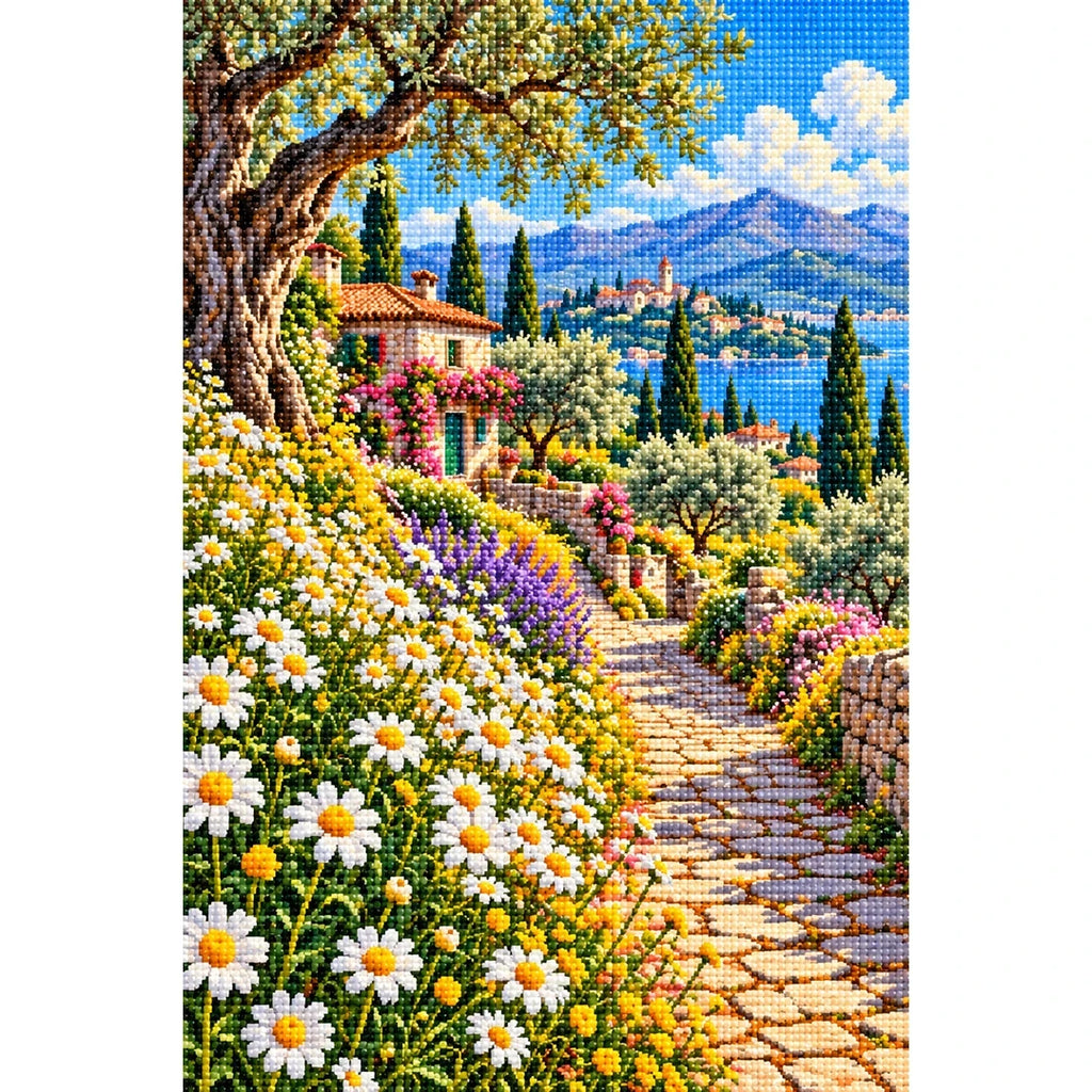 Chamomile Field Country Lane — finished diamond painting on a white background