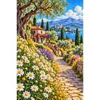 Chamomile Field Country Lane — finished diamond painting on a white background