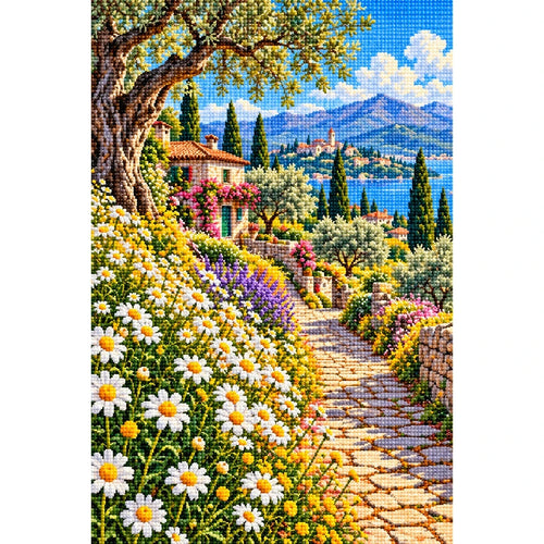 Chamomile Field Country Lane — finished diamond painting on a white background