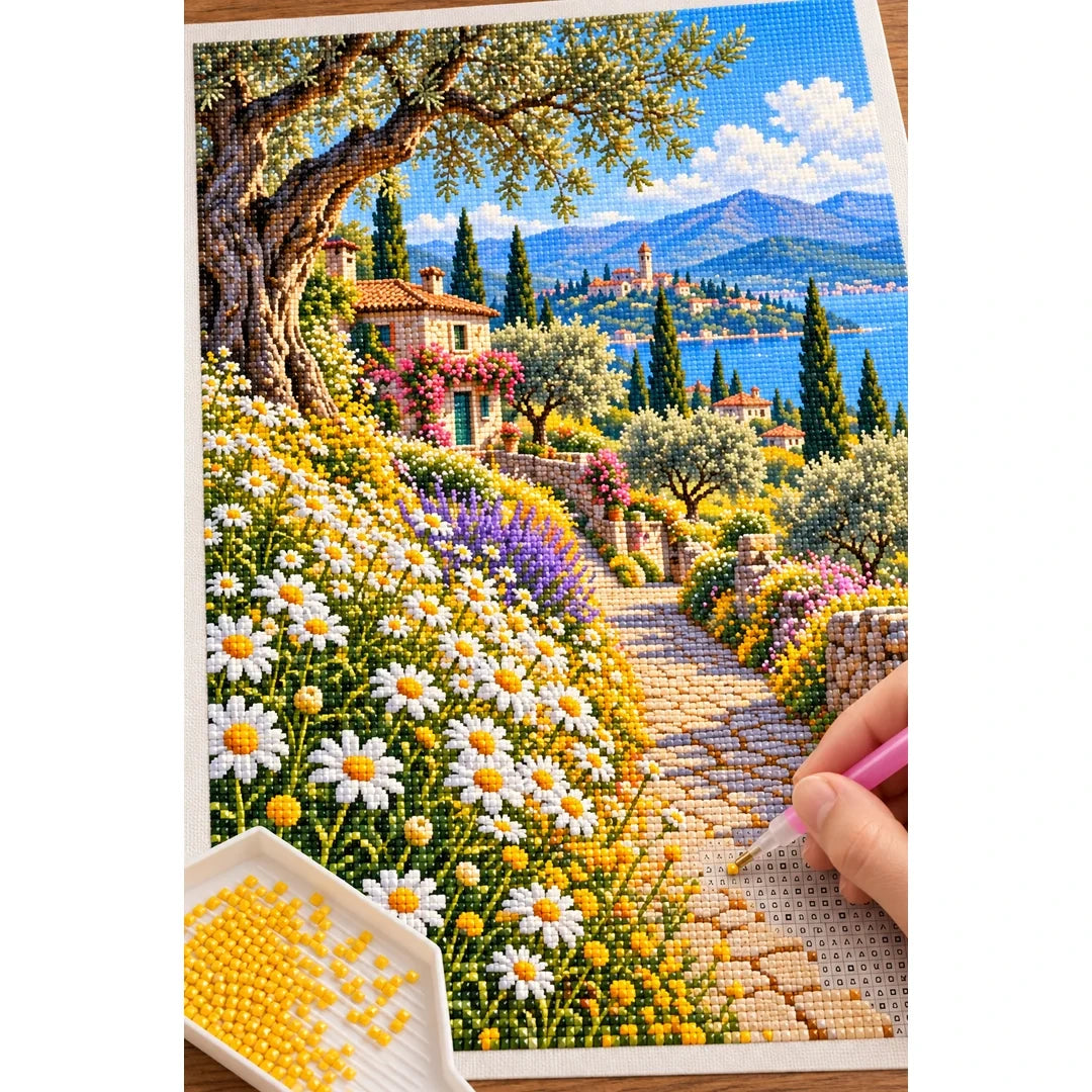 Chamomile Field Country Lane — diamond painting process with applicator pen