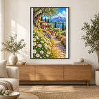 Chamomile Field Country Lane — finished diamond painting displayed in a home interior