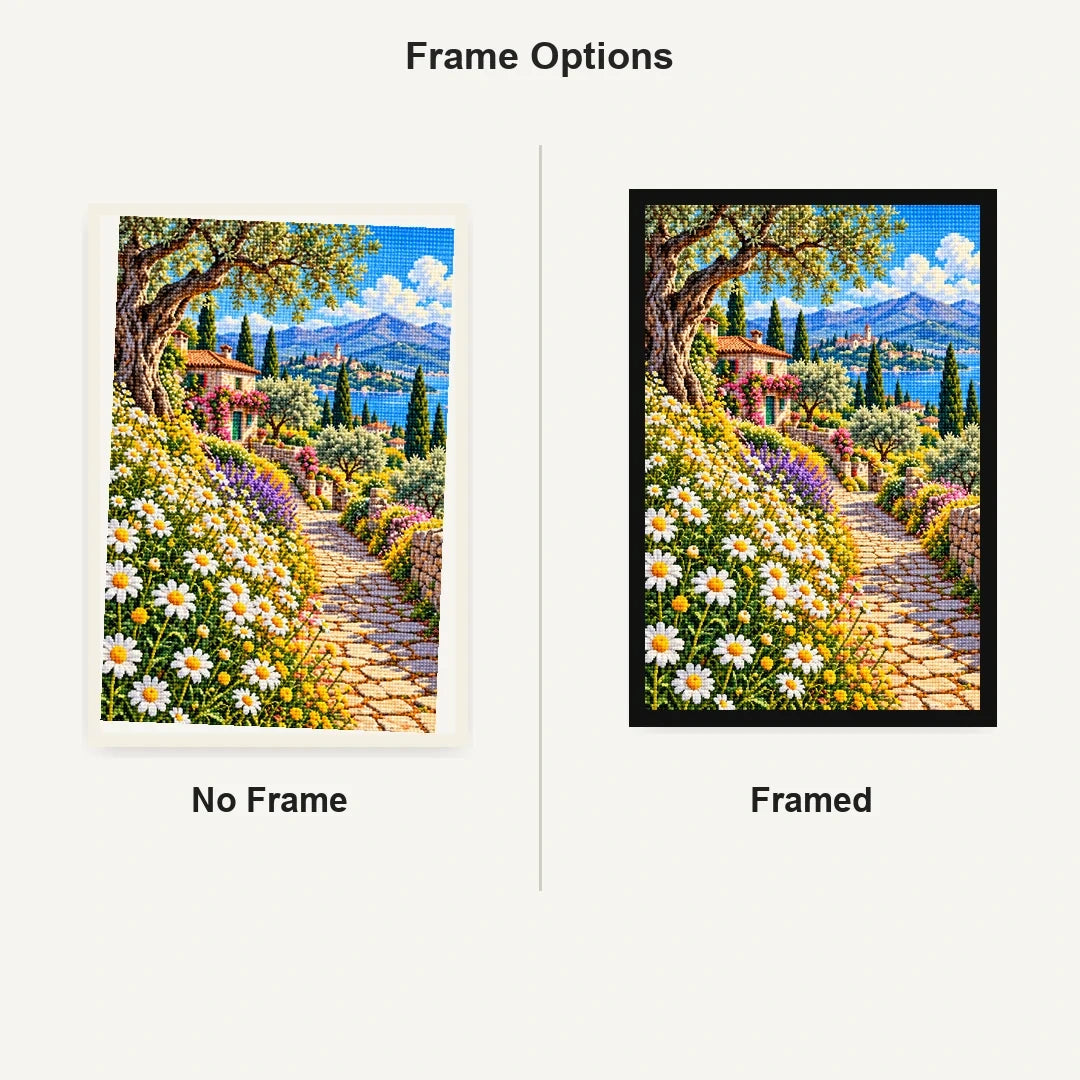 Chamomile Field Country Lane — No Frame and Framed style comparison
