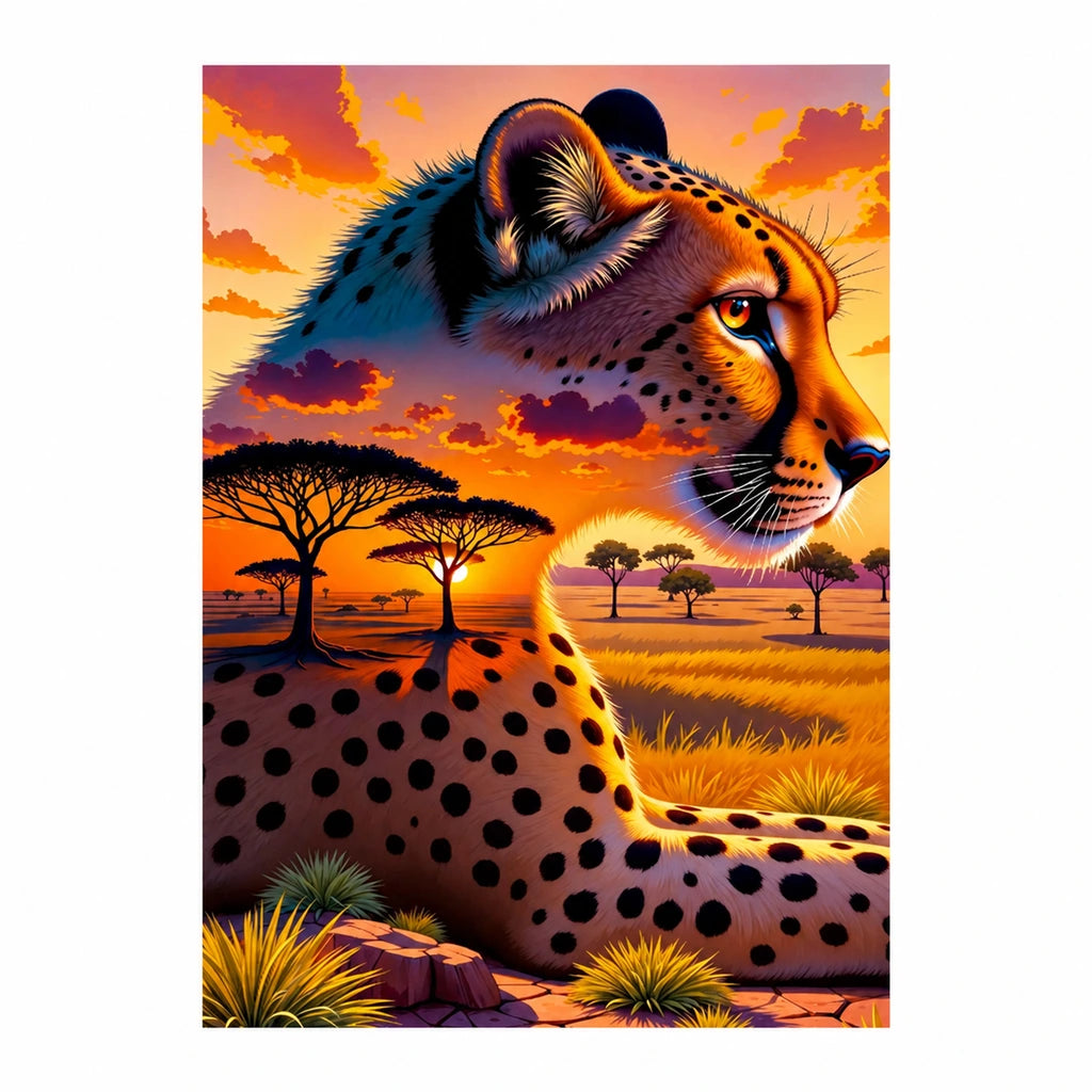 Original cheetah at sunset artwork on the African savannah