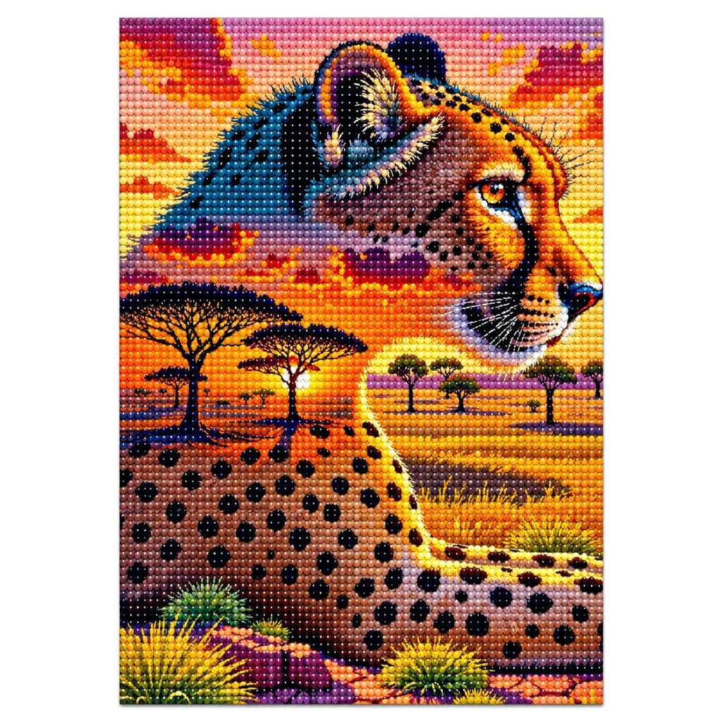Finished cheetah sunset diamond painting covered with sparkling drills