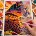 Hand placing drills on the cheetah sunset diamond painting canvas