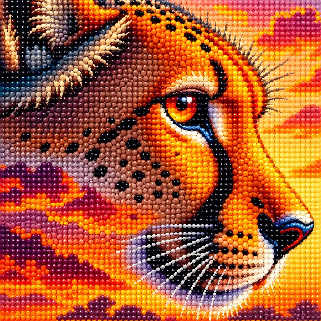 Close-up of sparkling drills on the cheetah artwork