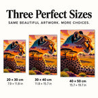 Three size options for the cheetah sunset diamond painting: 20 × 30, 30 × 40, and 40 × 50 cm