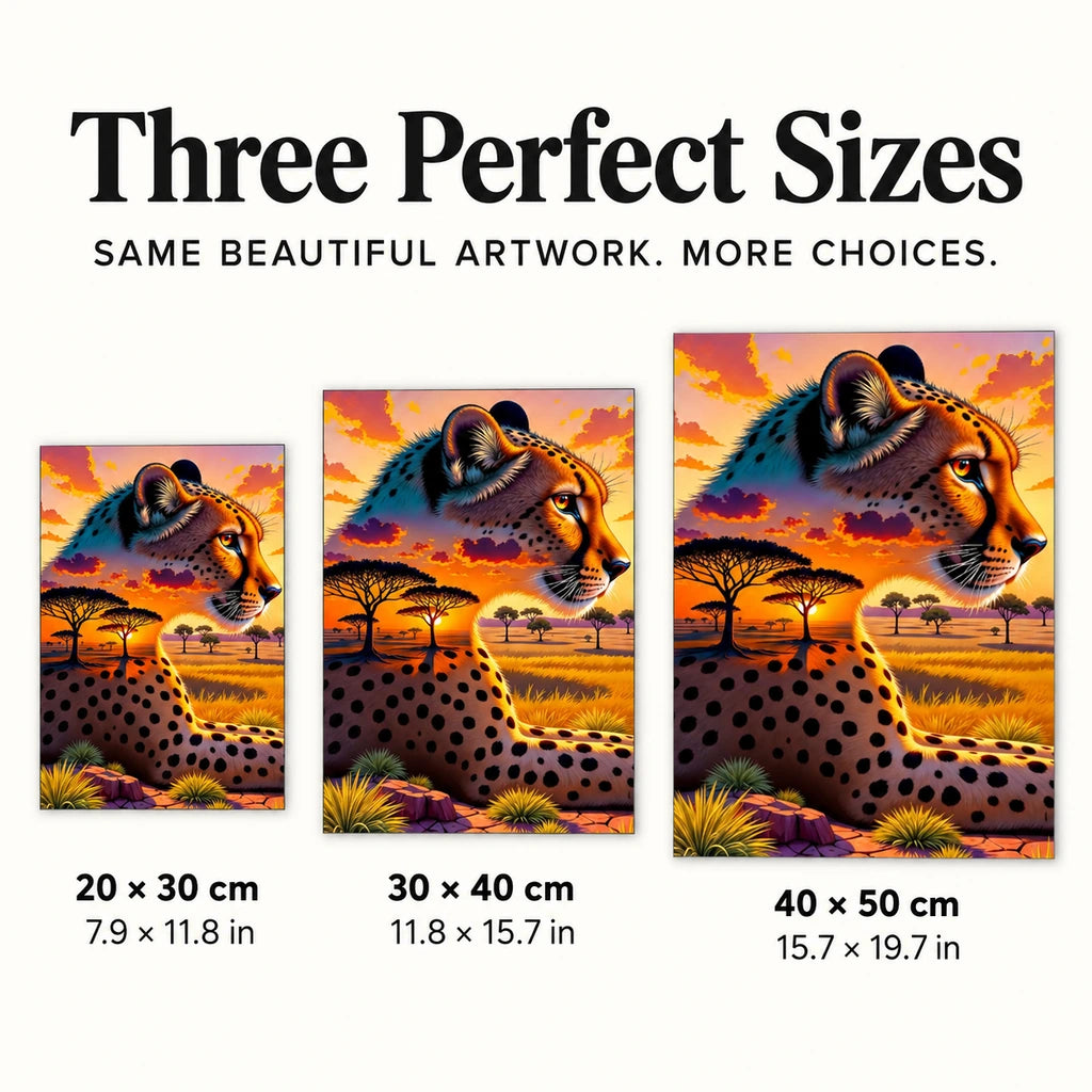 Three size options for the cheetah sunset diamond painting: 20 × 30, 30 × 40, and 40 × 50 cm