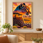 Cheetah sunset diamond painting displayed as framed wall decor